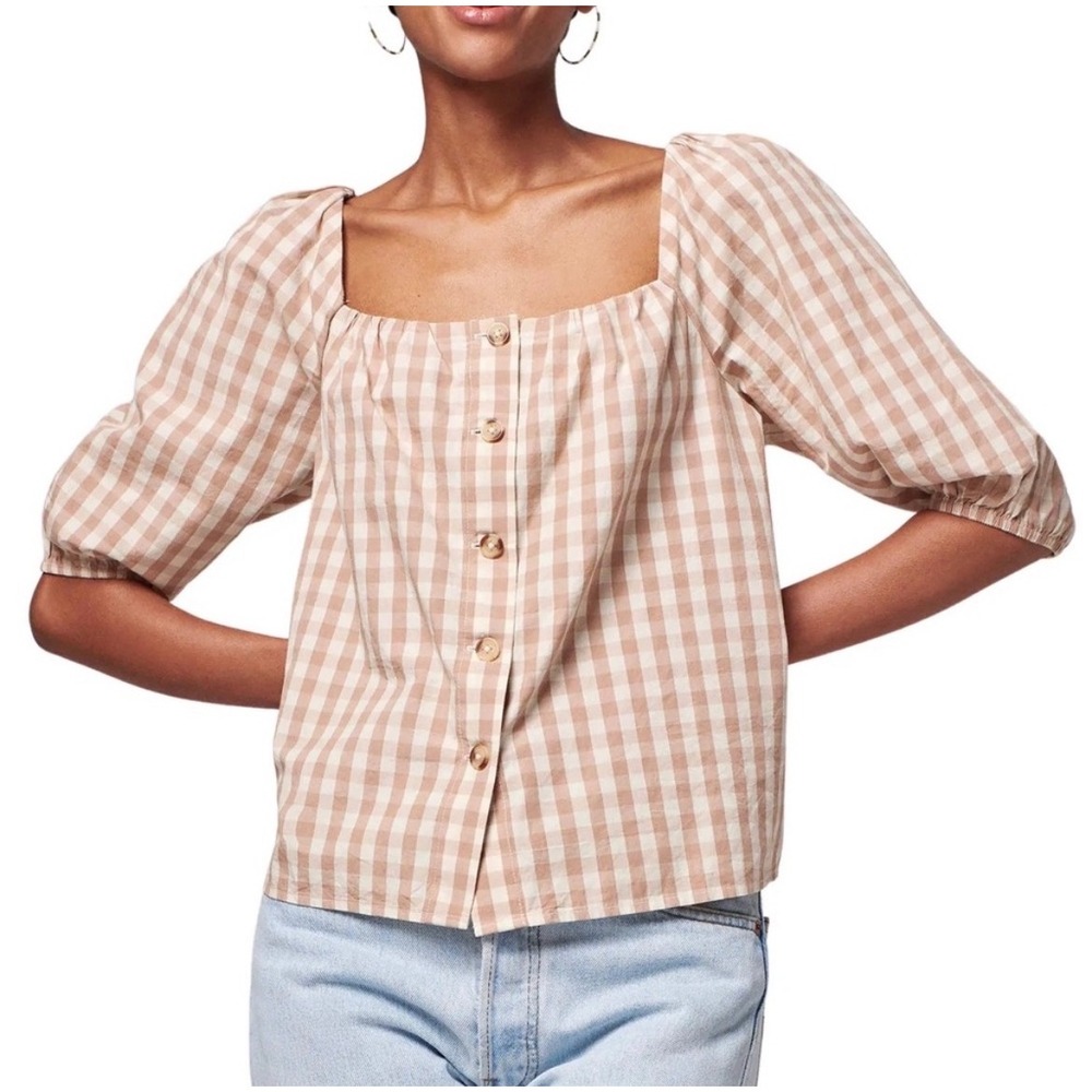 NWT Faherty Beige and White Gingham Square Neck Button-Front Blouse